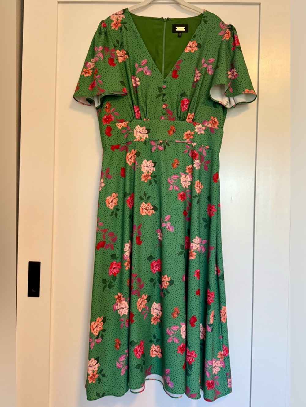 Nina Leonard Green Floral Midi Dress with Pink & Red Blooms L